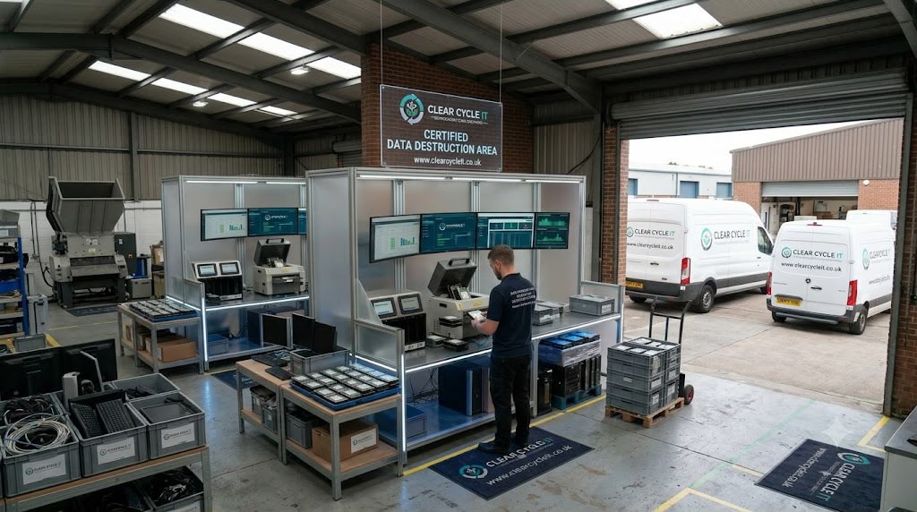 Clearcycle IT certified data destruction area with a technician processing IT equipment