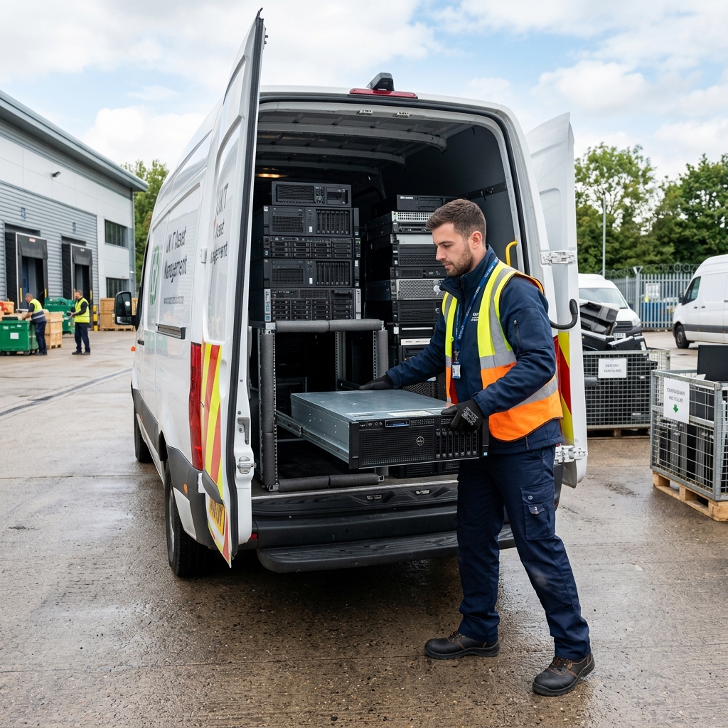 Clearcycle IT technician loading a server into the collection van
